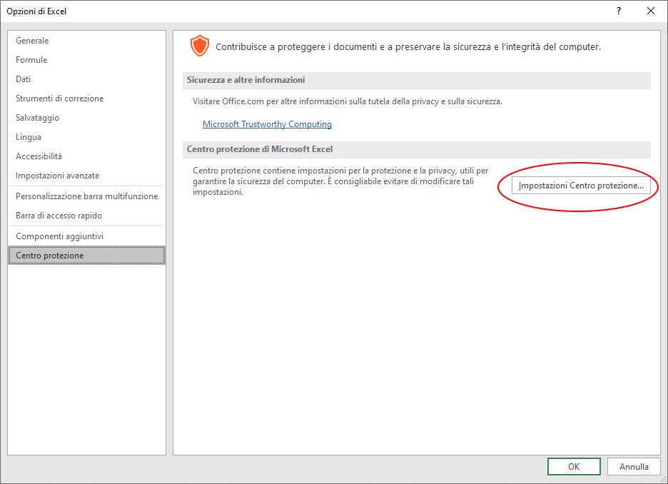 Figura 7.11 - Il centro di protezione contiene molte impostazioni di sicurezza, fra cui quelle della macro