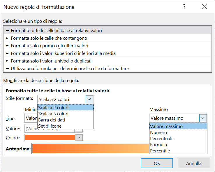 Figura 5.37 - Quando usiamo
la regola Formatta tutte le celle in base ai relativi valori, la finestra Nuova regola
di formattazione diventa incredibilmente ricca di opzioni di scelta.