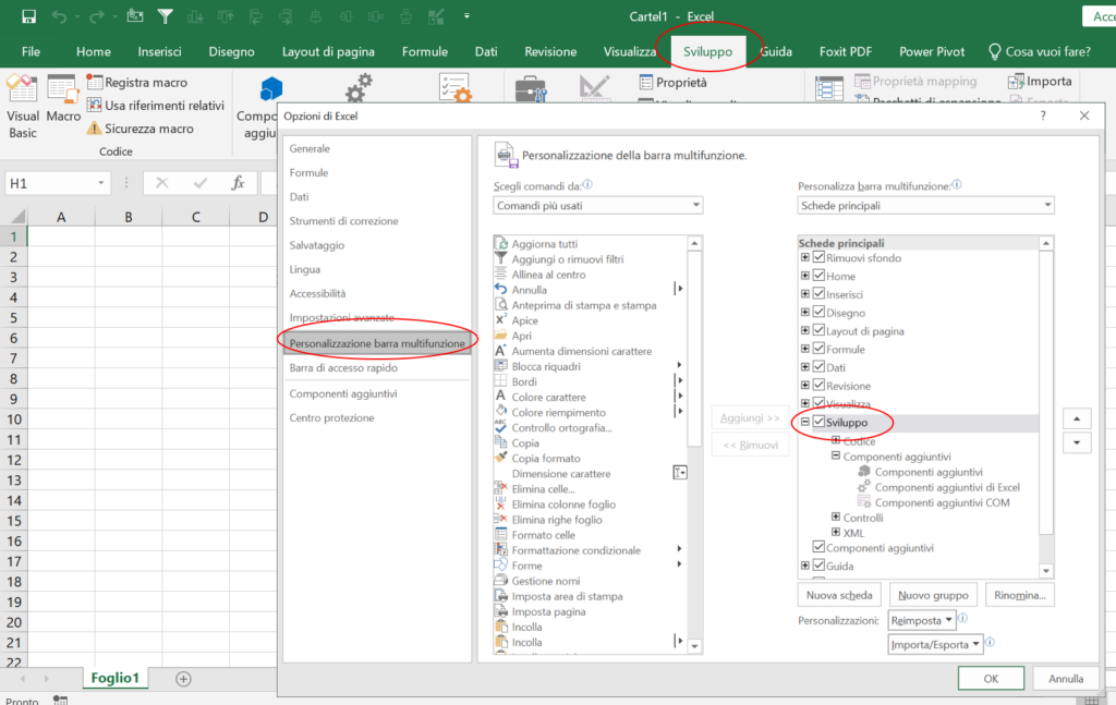 Figura 7.2 - La scheda Sviluppo è un’utile scheda aggiuntiva attivabile come impostazione generale all’interno delle Opzioni di Excel (Pulsante Office).