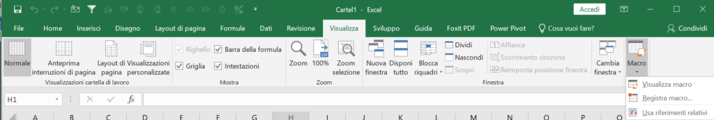 Figura 7.1 - Il primo passo per registrare una macro con le versioni più recenti di Excel è entrare nella
scheda Visualizza e dal menu del pulsante Macro scegliere Registra  macro